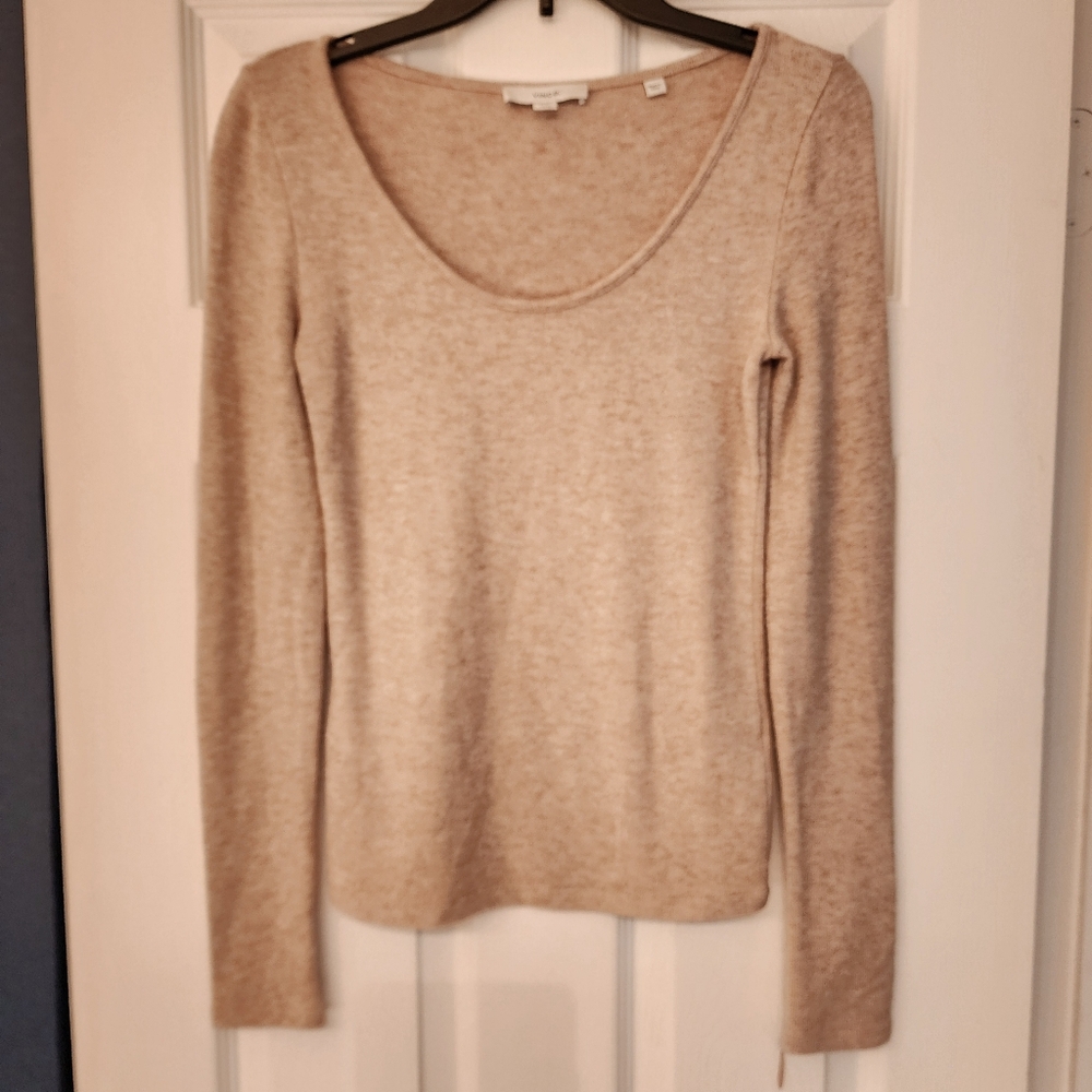 VINCE Open Scoop Neck Long Sleeve Pullover Top In Sand Shell Brown Size XS - Picture 3 of 13